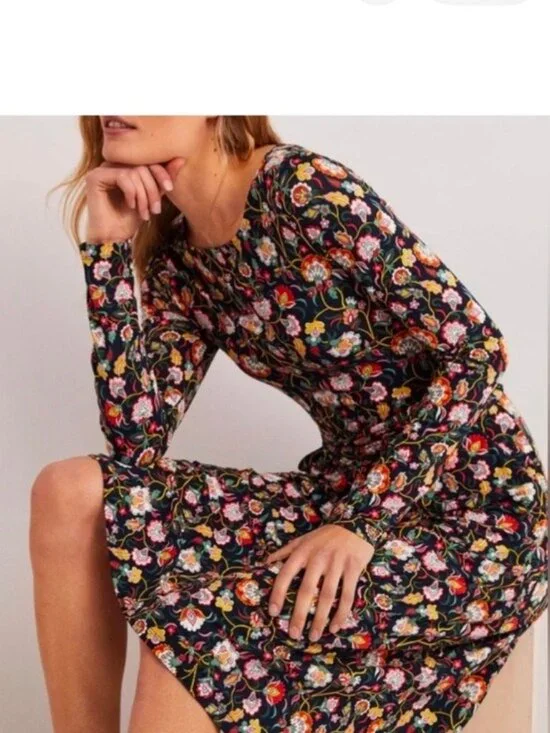 Boden Abigail Jersey Midi Dress Navy Floral Ruched Waist Size 8 Elegant - Picture 12 of 13